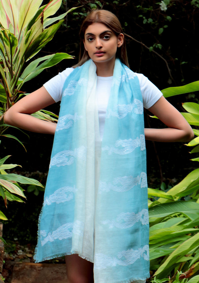 Steel Blue and White Ombre Linen Scarf with White Lace Appliques