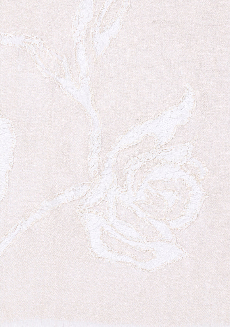 Beige Cashmere Scarf with Ivory Rose Lace Applique