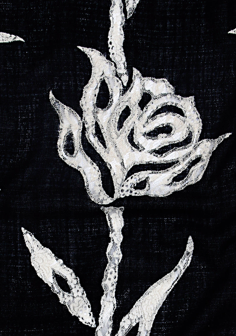 Black Cashmere Scarf with Beige Rose Lace Applique