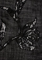 Black Cashmere Scarf with Black Rose Lace Applique