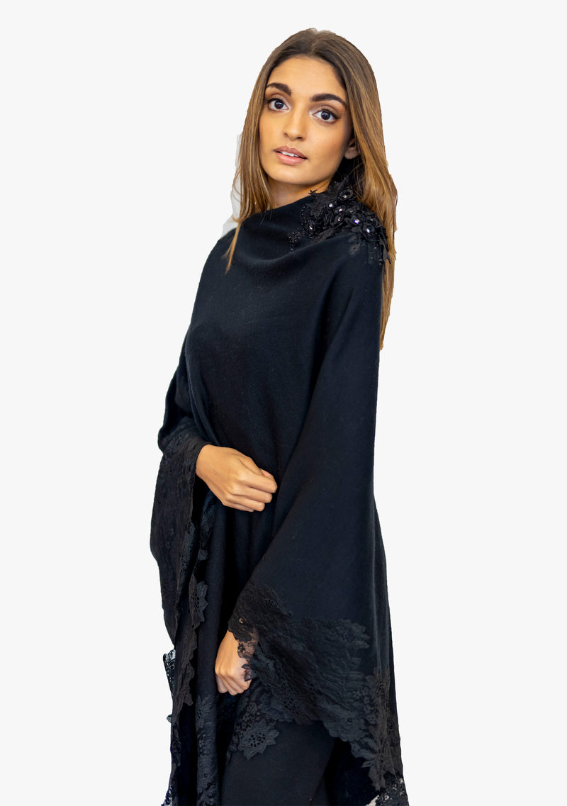 Black Knitted Wool Poncho with Lace and Embroidery