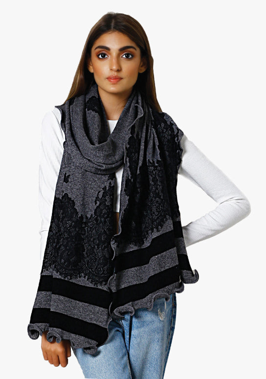 Charcoal Melange and Black Fine Wool Stole with a Black Chantilly Lace