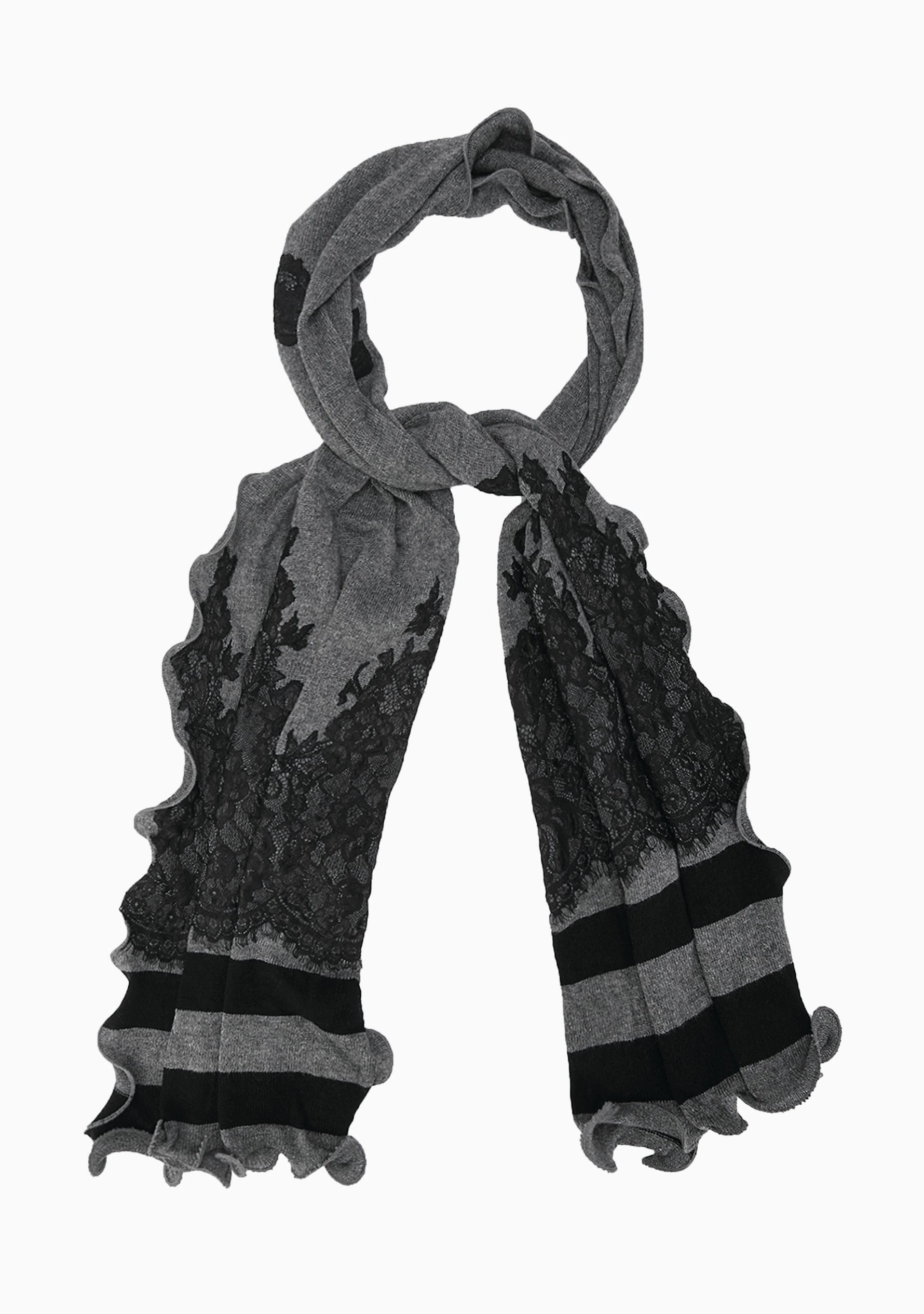 Charcoal Melange and Black Fine Wool Stole with a Black Chantilly Lace