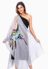Lt. Grey Cashmere Scarf with Multi-colour Hummingbird Lace Appliques