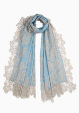 Light Blue Wool and Silk Scarf with a Mousse Floral Lace