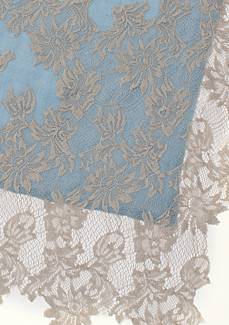 Light Blue Wool and Silk Scarf with a Mousse Floral Lace