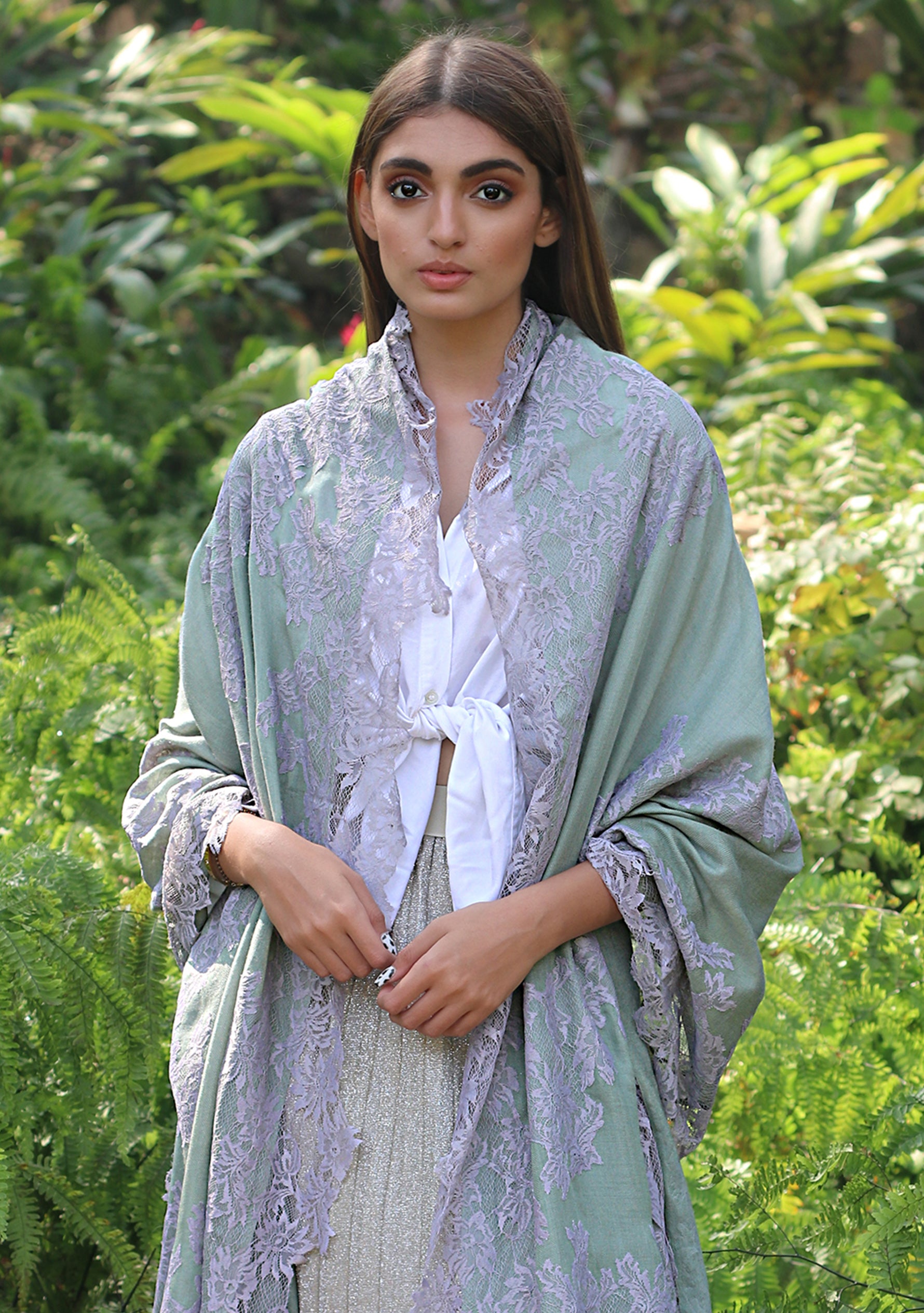 Sage Green Silk and Wool Scarf with a Mousse Floral Lace