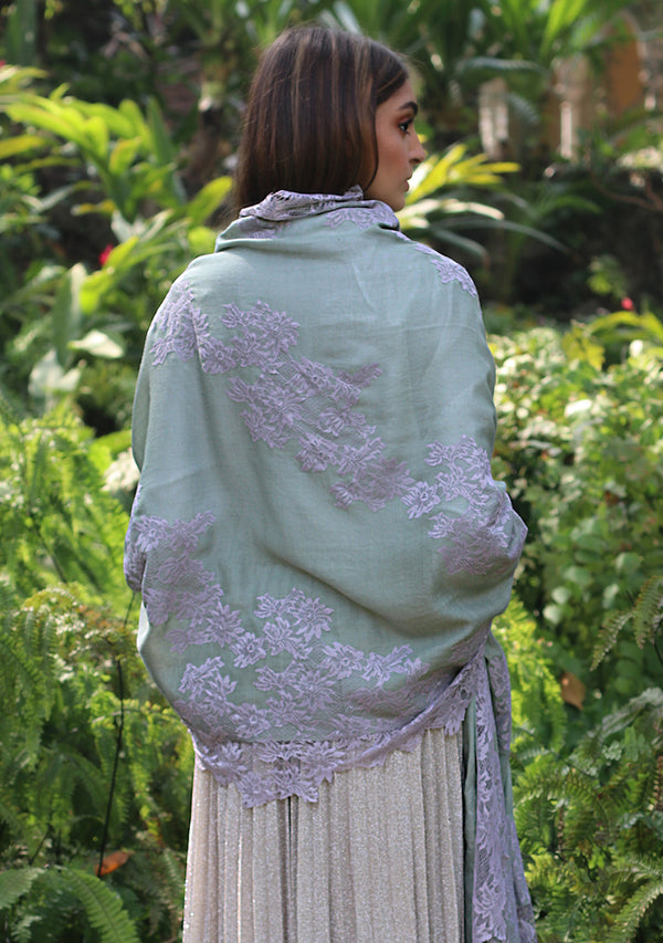 Sage Green Silk and Wool Scarf with a Mousse Floral Lace