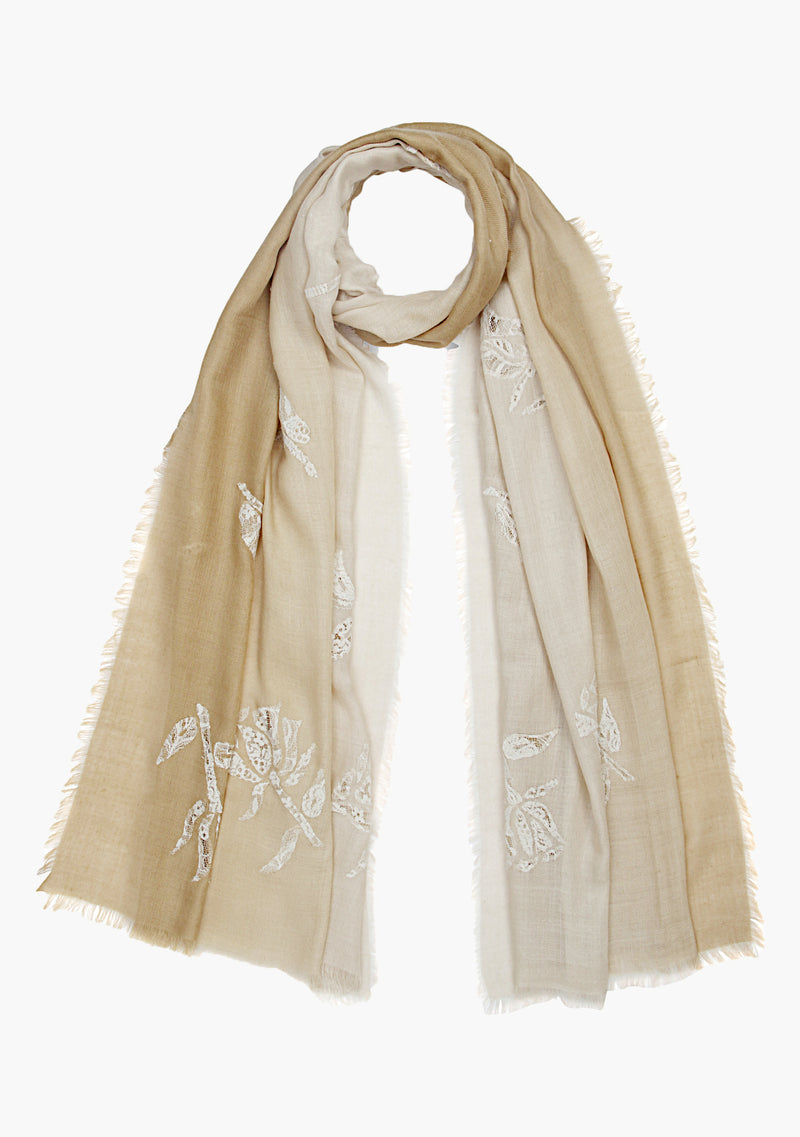 Beige and Dk. Biscuit Ombre Silk and Wool Scarf with Ivory Rose Appliques