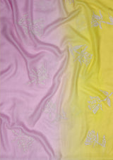 Light Pink and Yellow Ombre Silk and Wool Scarf with Ivory Rose Appliques