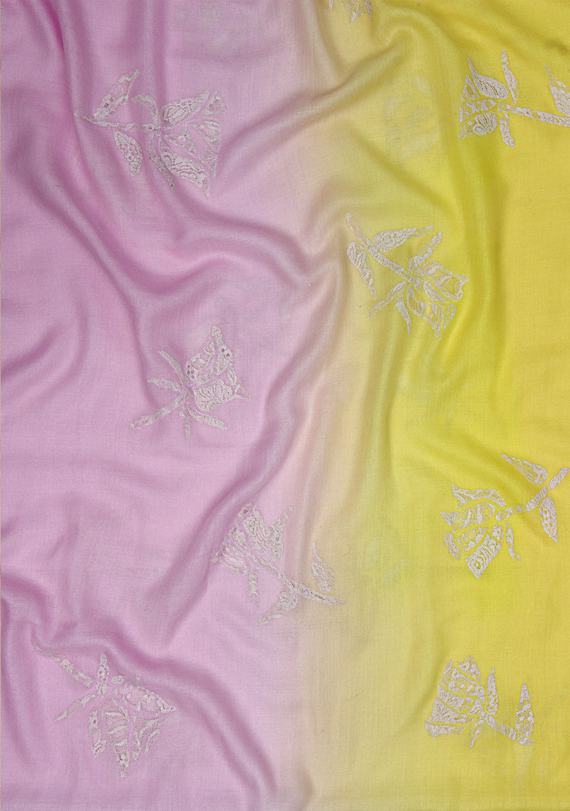 Light Pink and Yellow Ombre Silk and Wool Scarf with Ivory Rose Appliques