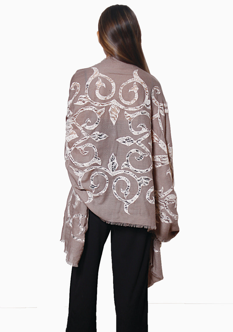 Taupe Cashmere Scarf with a Beige Lace Cutout