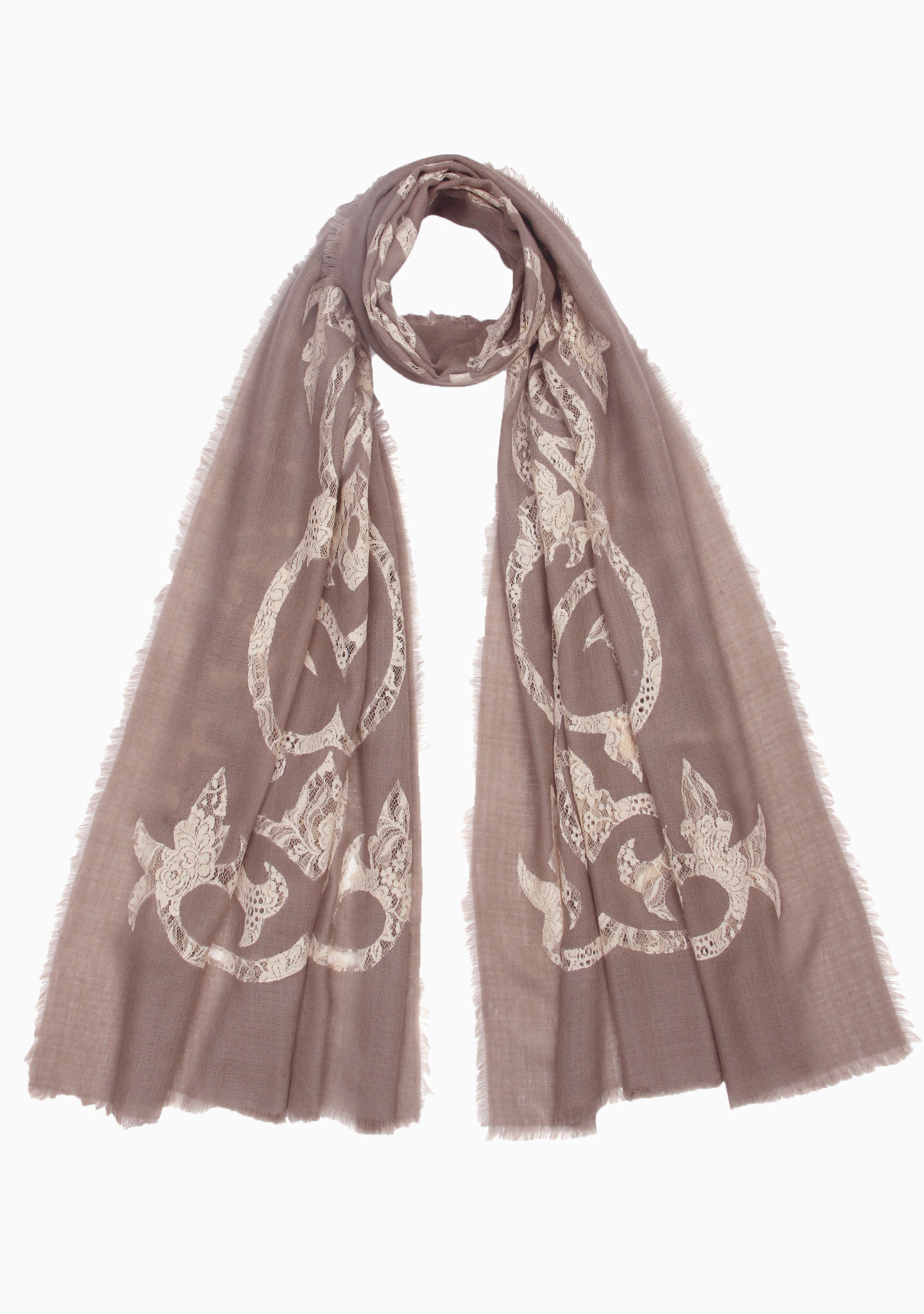 Taupe Cashmere Scarf with a Beige Lace Cutout