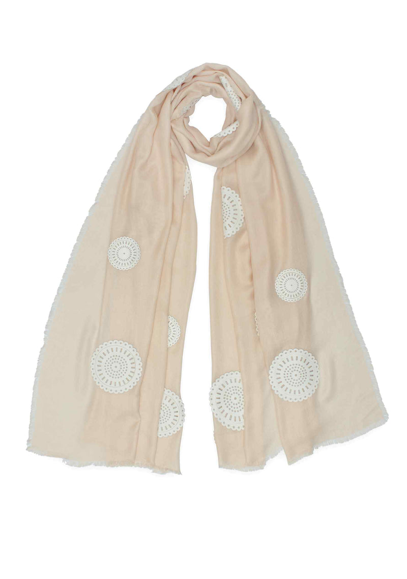 Beige Modal Scarf with Lasercut White Faux Leather Circle Appliques