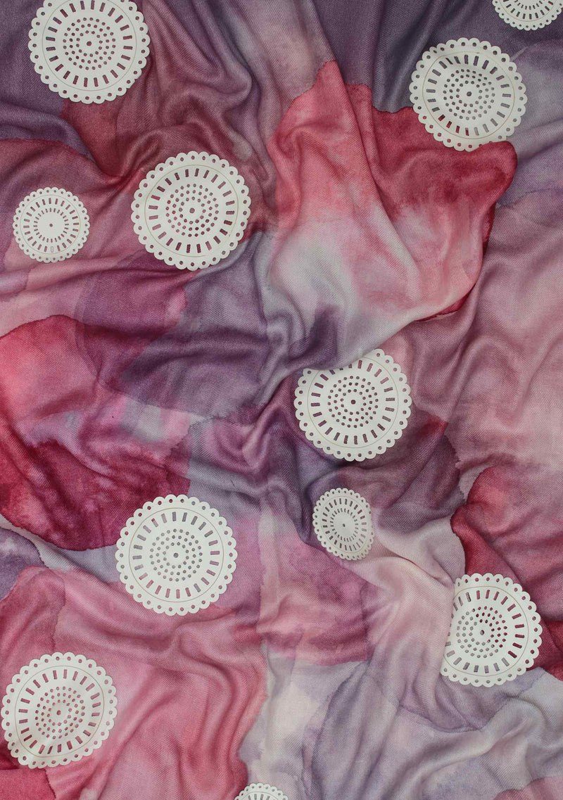 Pink Bubbles Print Modal Scarf with Lasercut White Faux Leather Circle Appliques