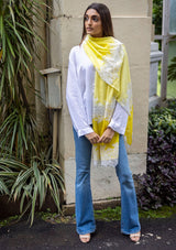 Lemon Yellow Ombre Silk and Wool Scarf with Ivory Chantilly Lace Panel Cutouts