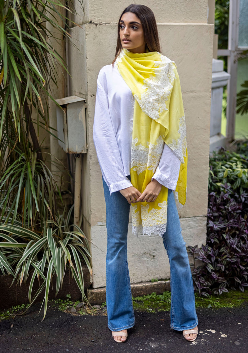 Lemon Yellow Ombre Silk and Wool Scarf with Ivory Chantilly Lace Panel Cutouts