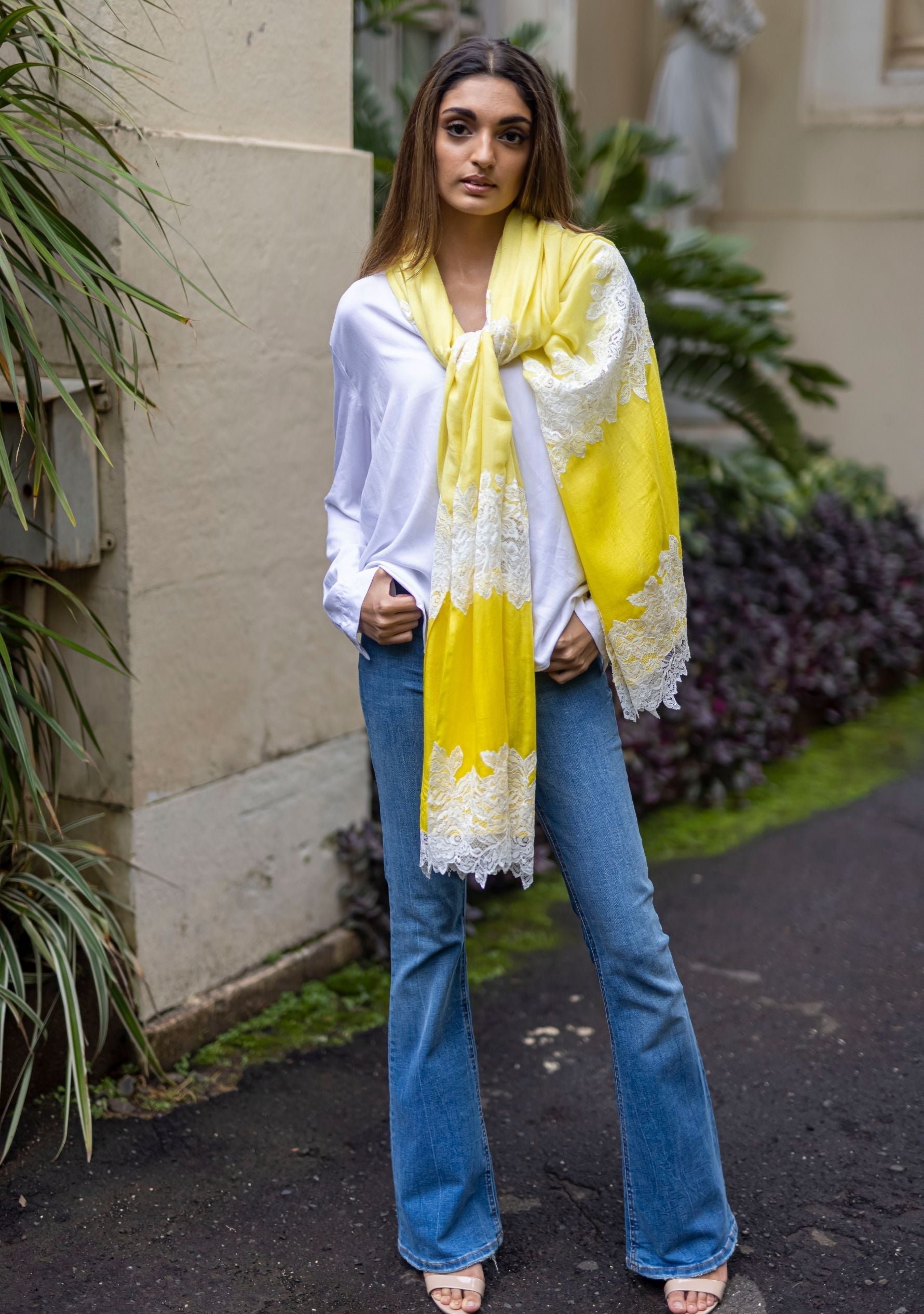 Lemon Yellow Ombre Silk and Wool Scarf with Ivory Chantilly Lace Panel Cutouts