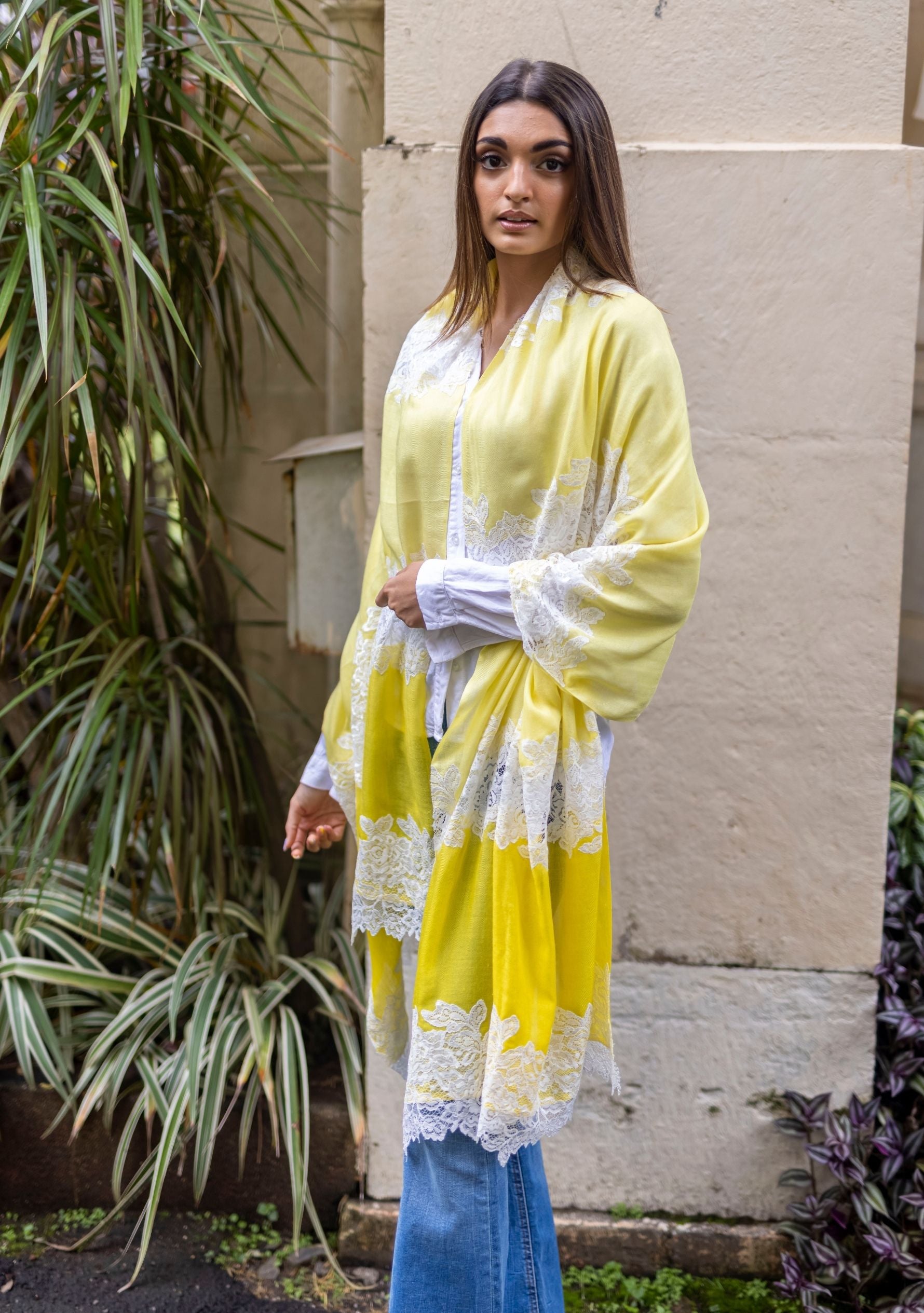 Lemon Yellow Ombre Silk and Wool Scarf with Ivory Chantilly Lace Panel Cutouts