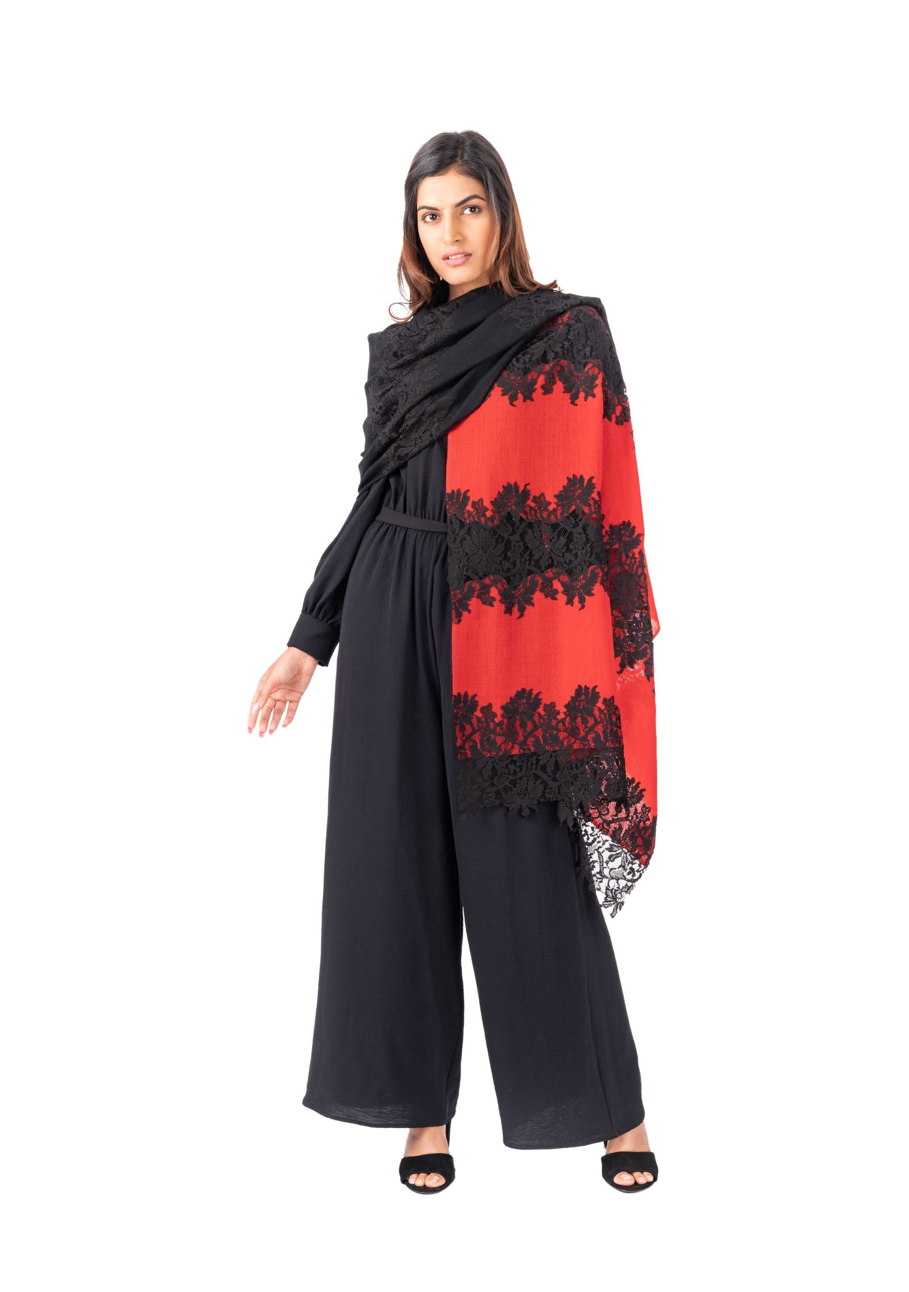 Red and Black Cashmere Scarf with Black Hibiscus Lace Panels