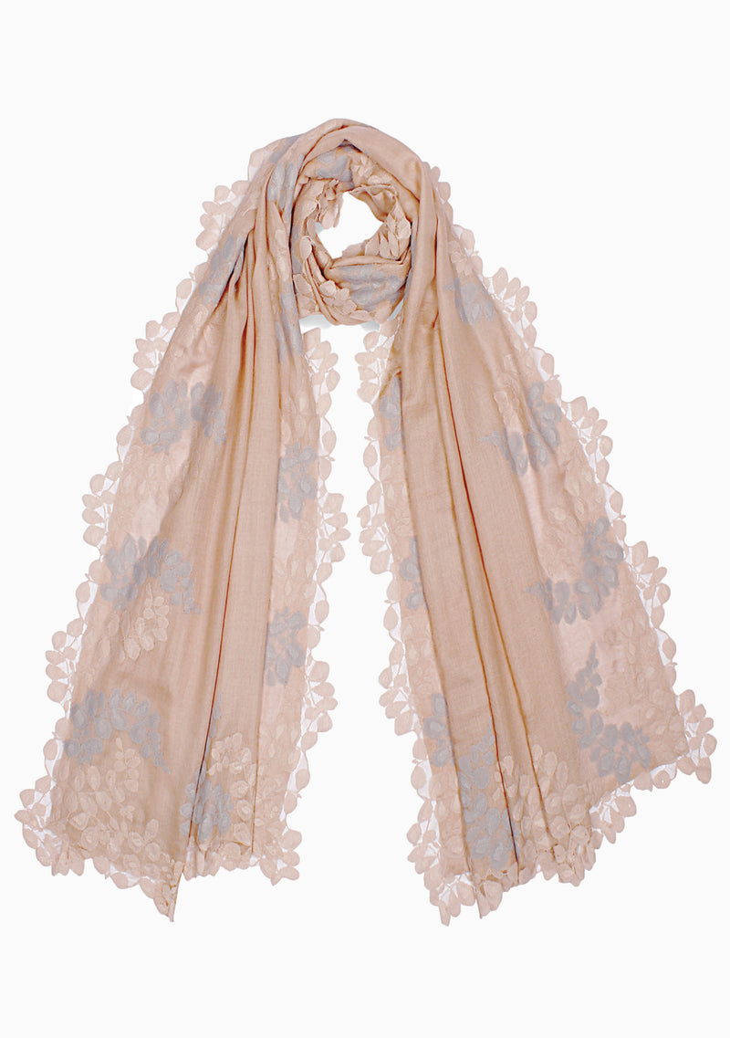 Light Copper Silk and Wool Scarf with a Light Copper and Mousse Double Scalloped Lace Border