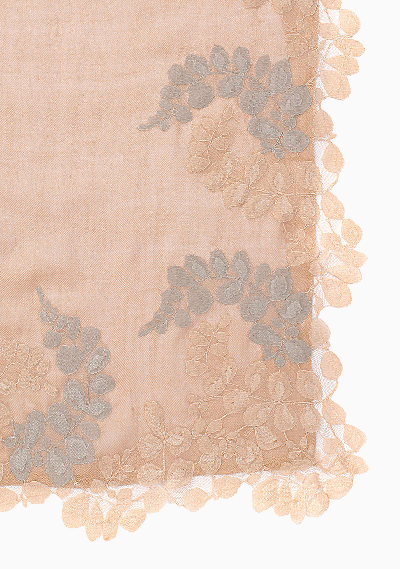 Light Copper Silk and Wool Scarf with a Light Copper and Mousse Double Scalloped Lace Border