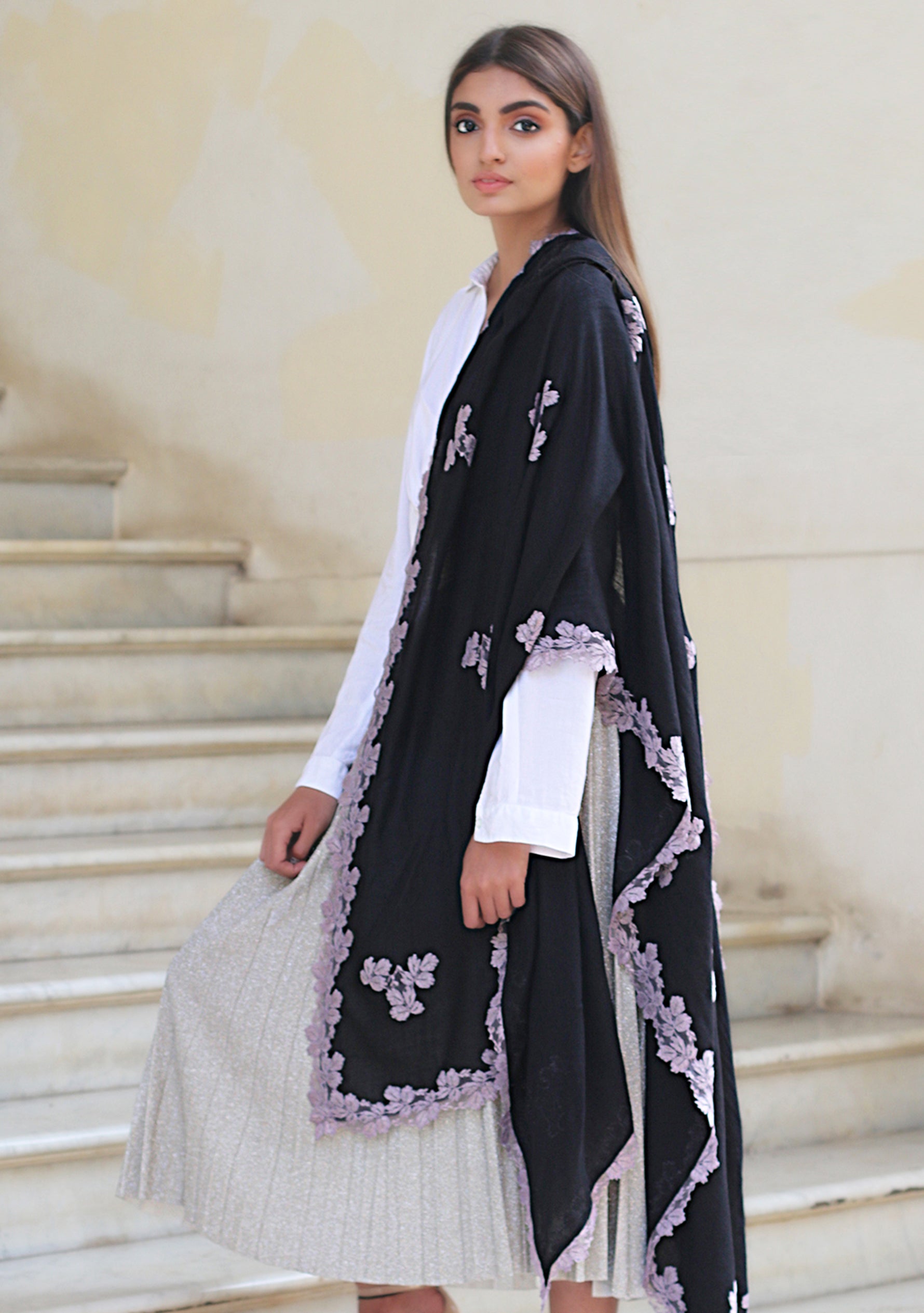 Black Wool and Silk Scarf with a Antique Silver Leaf Lace Applique & Border