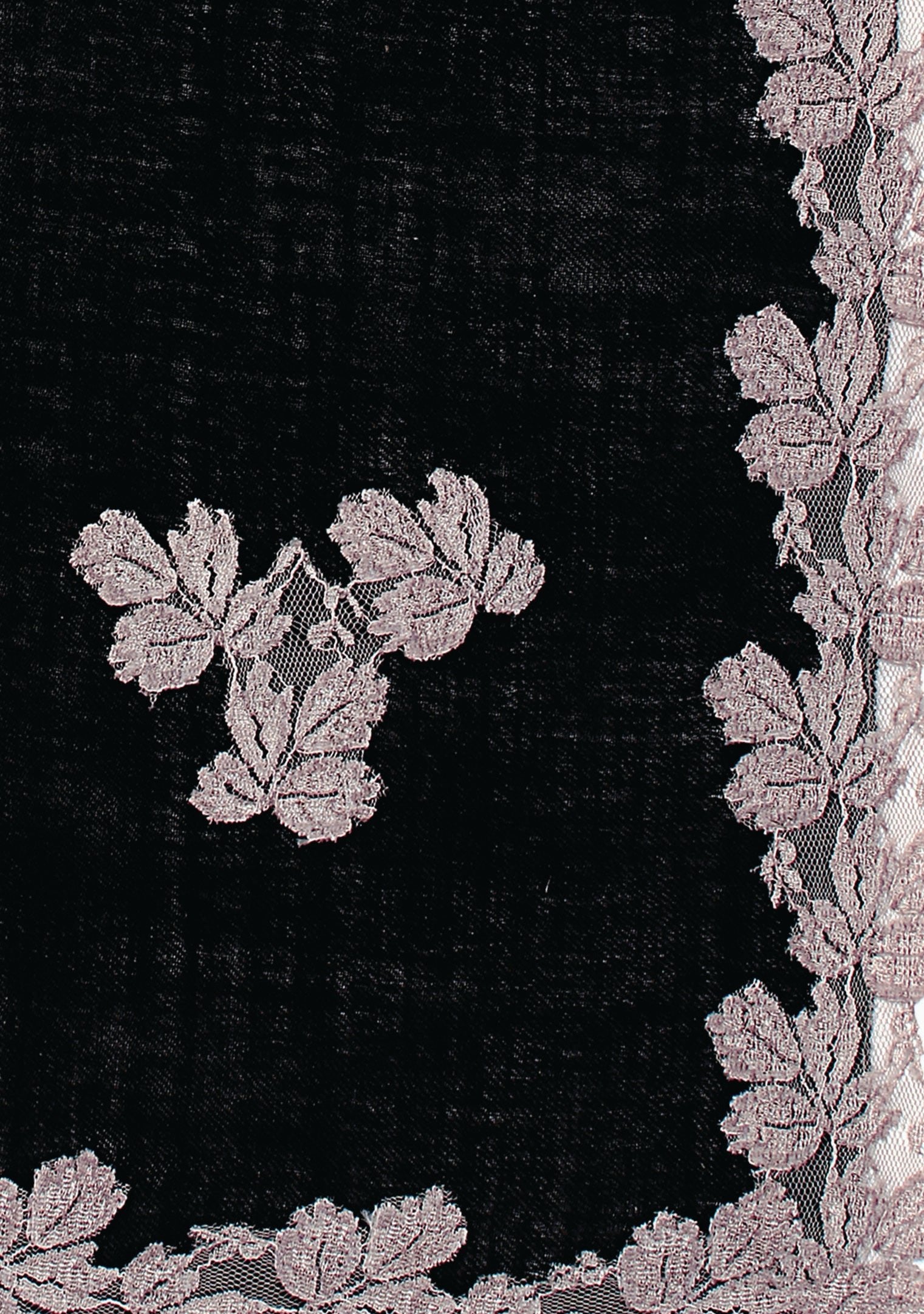 Black Wool and Silk Scarf with a Antique Silver Leaf Lace Applique & Border