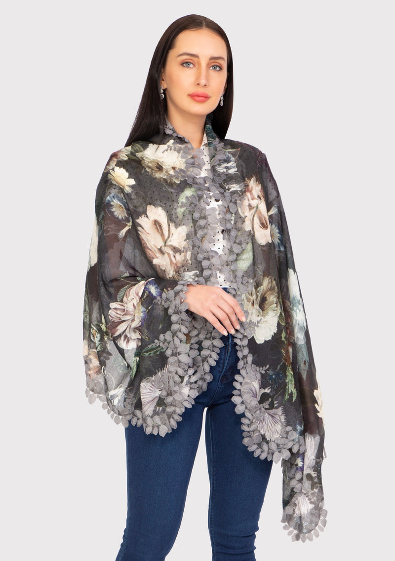 Grey Floral Print Modal and Silk Scarf with a Scalloped Grey Bold Leaf Lace Border