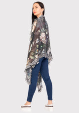 Grey Floral Print Modal and Silk Scarf with a Scalloped Grey Bold Leaf Lace Border