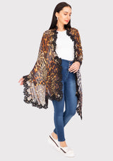 Leopard Print Modal and Silk Scarf with a Scalloped Black Bold Leaf Lace Border