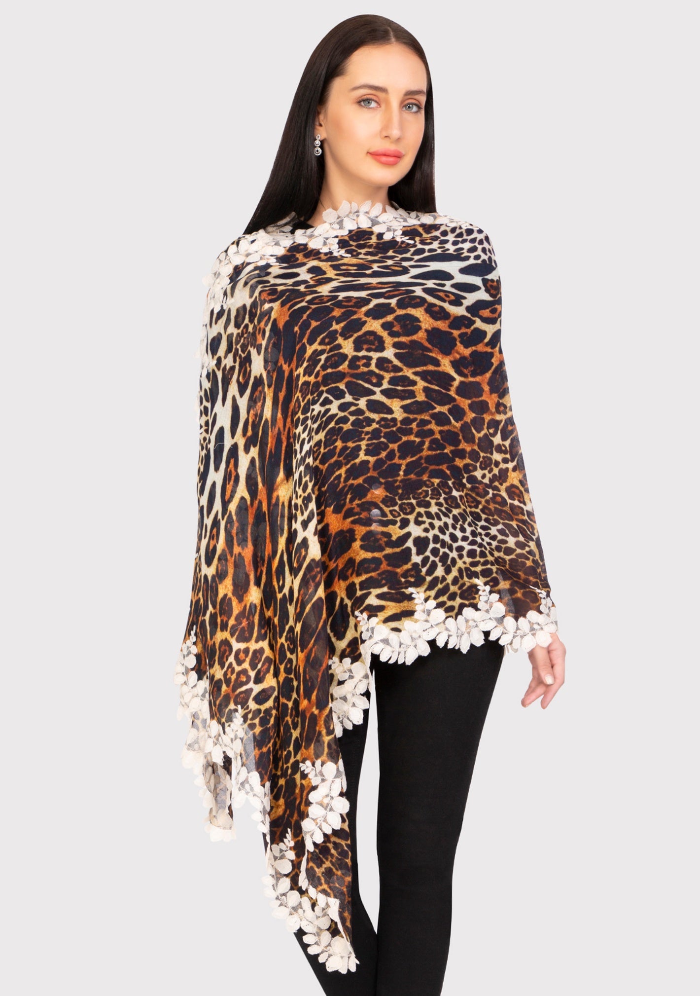 Leopard Print Modal and Silk Scarf with a Scalloped Beige Bold Leaf Lace Border