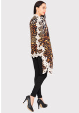 Leopard Print Modal and Silk Scarf with a Scalloped Beige Bold Leaf Lace Border