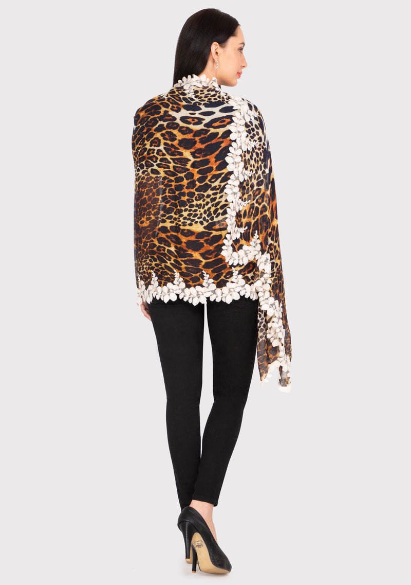 Leopard Print Modal and Silk Scarf with a Scalloped Beige Bold Leaf Lace Border