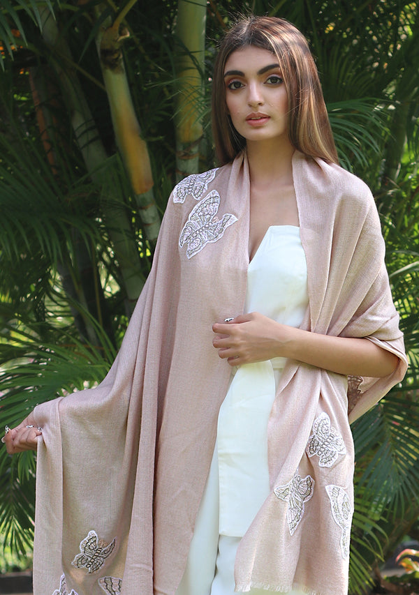 Lt. Copper Cashmere Scarf with a Silver and Lt. Pink Lace Butterfly Applique