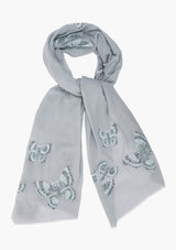 Lt. Grey Cashmere Scarf with a Lt. Blue and Dk. Blue Lace Butterfly Applique