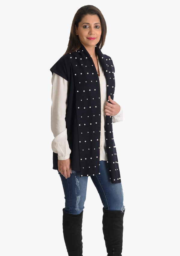 Navy Blue Knitted Merino Wool Ribbed Collar Sleeveless Jacket with Ivory Pearls