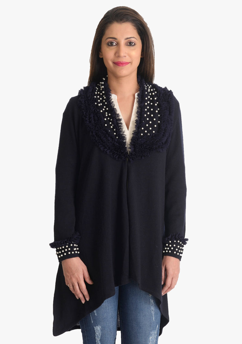 Navy Blue Knitted Merino Wool Jacket with Frills and Ivory Pearls