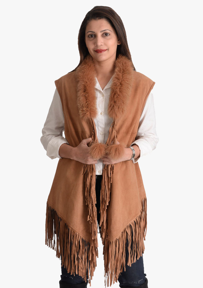Tan Suede Leather Sleeveless Jacket 
Tan Fur & Tassels