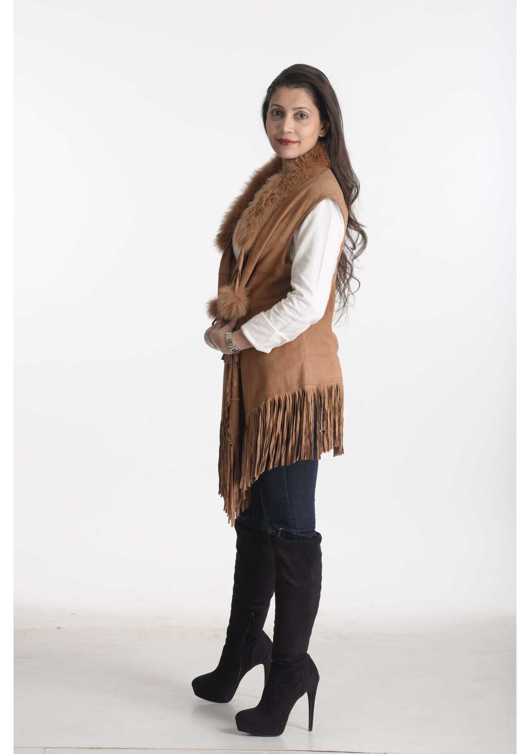 Tan Suede Leather Sleeveless Jacket with Tan Fur and Tan Tassels