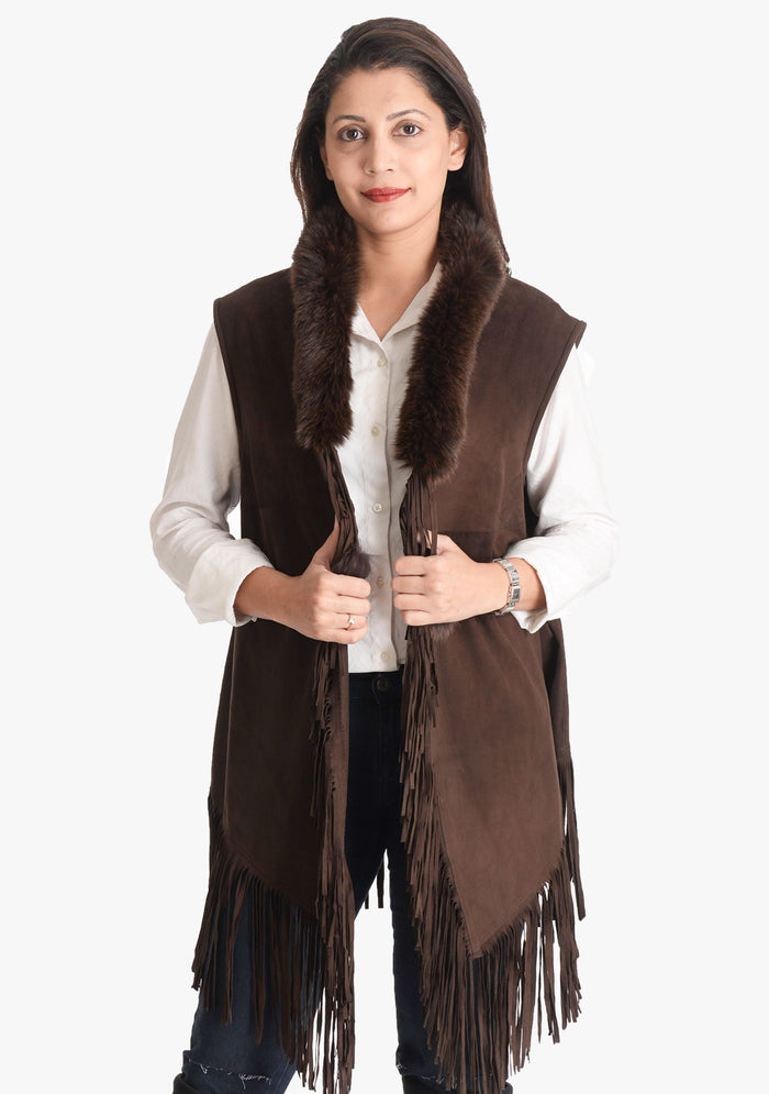 Chocolate Suede Leather Sleeveless Jacket 
Chocolate Fur & Tassels