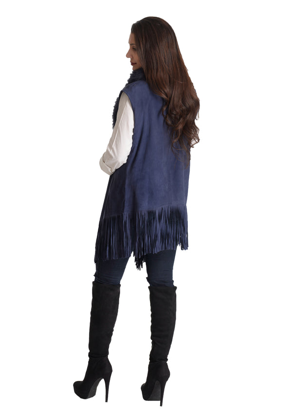 Navy Blue Suede Leather Sleeveless Jacket with Navy Blue Fur and Navy Blue Tassels