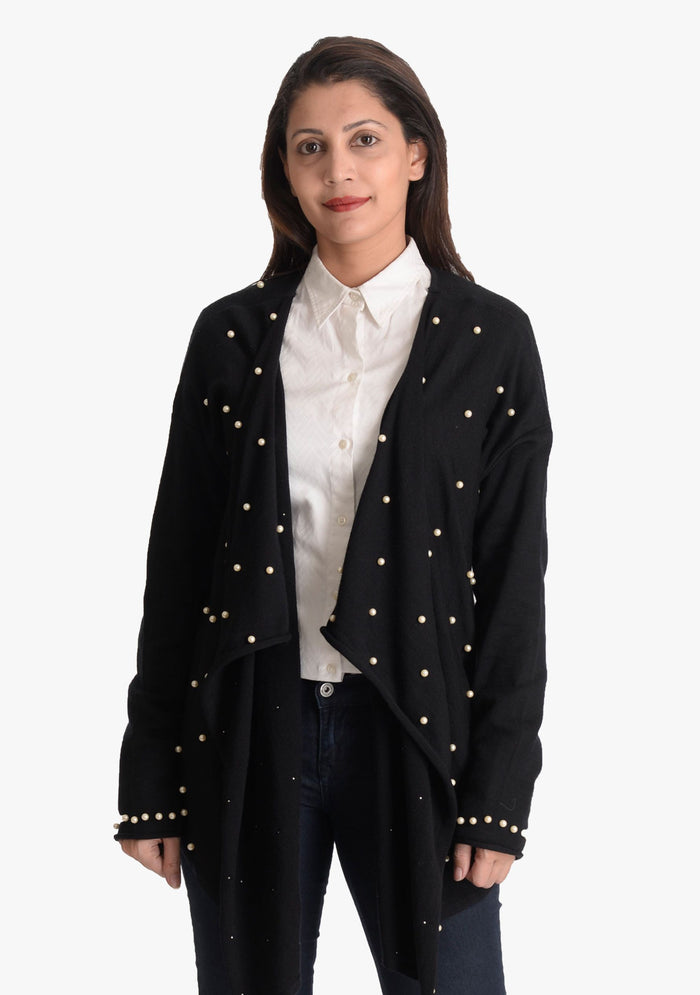 Black Merino Wool Wrap Cardigan 
Ivory Pearls