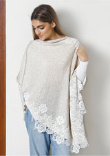 Petite Oatmeal Mélange Knitted Wool Poncho with Ivory Chantilly Lace