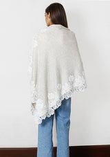 Petite Oatmeal Mélange Knitted Wool Poncho with Ivory Chantilly Lace