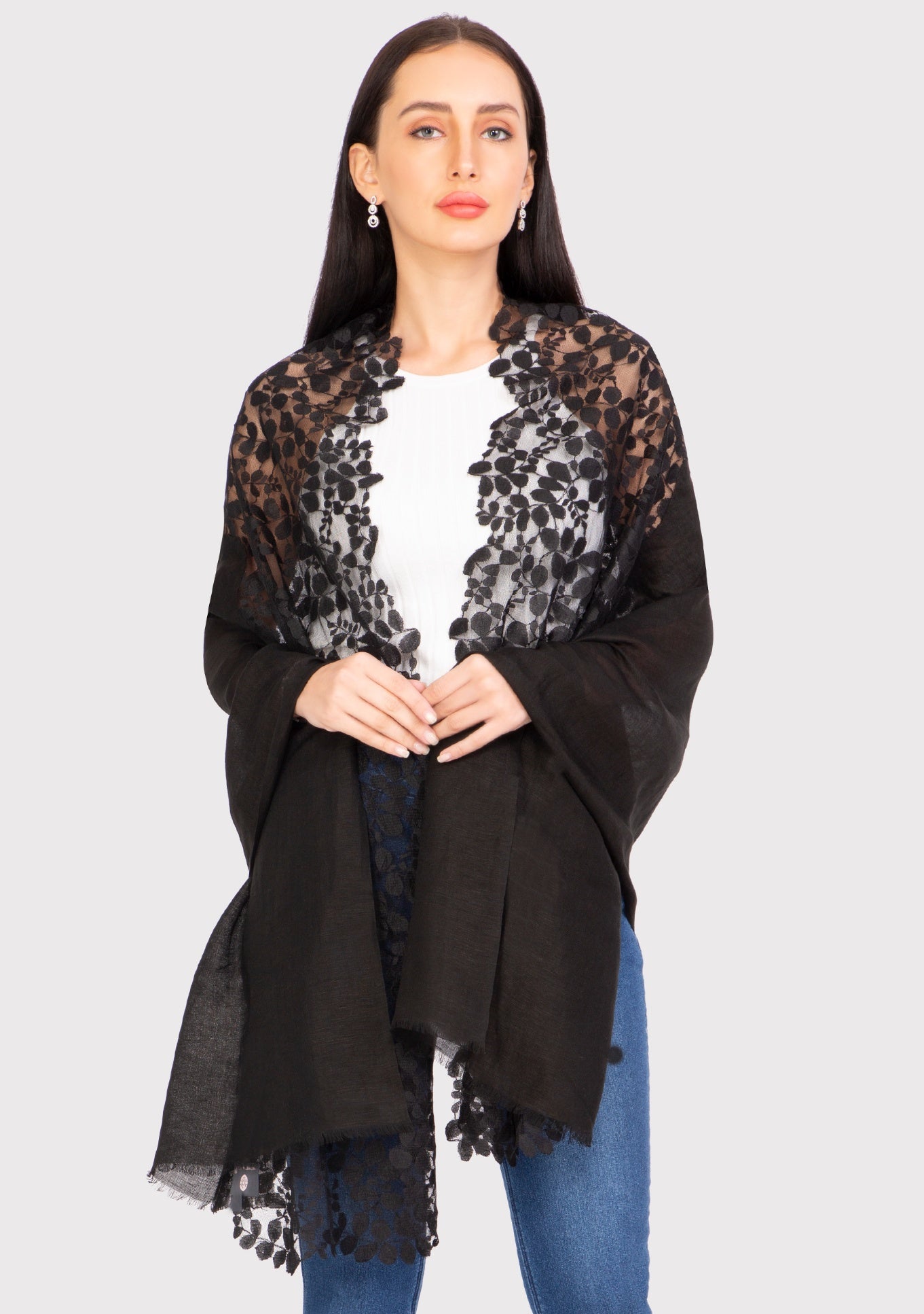 Black Linen and Modal Scarf with a Black Bold Leaf Lace