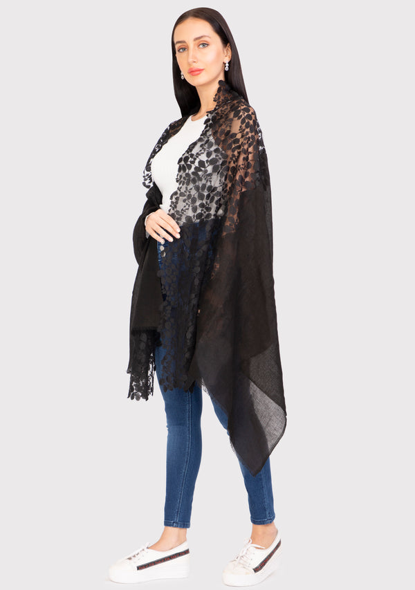 Black Linen and Modal Scarf with a Black Bold Leaf Lace