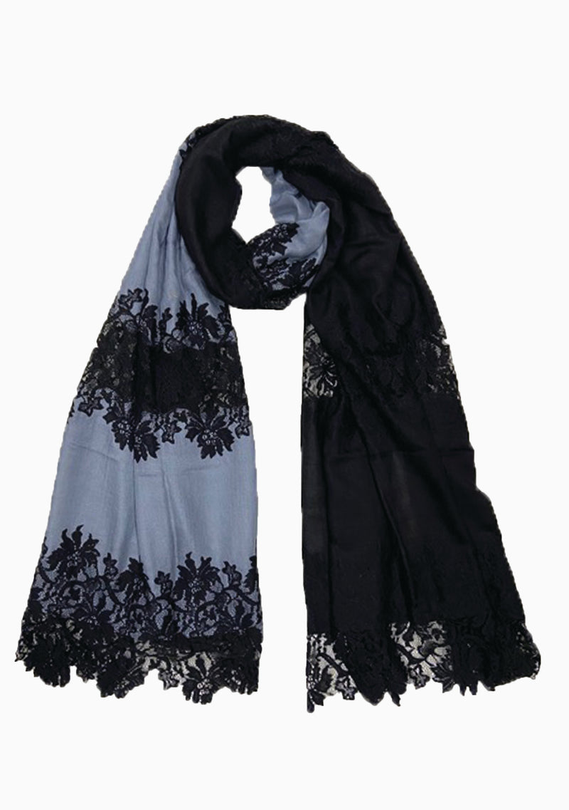 Grey and Black Silk and Wool Scarf with Black Hibiscus Lace Panels