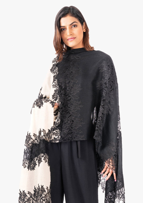 Beige and Black Cashmere Scarf with Black Hibiscus Lace Panels