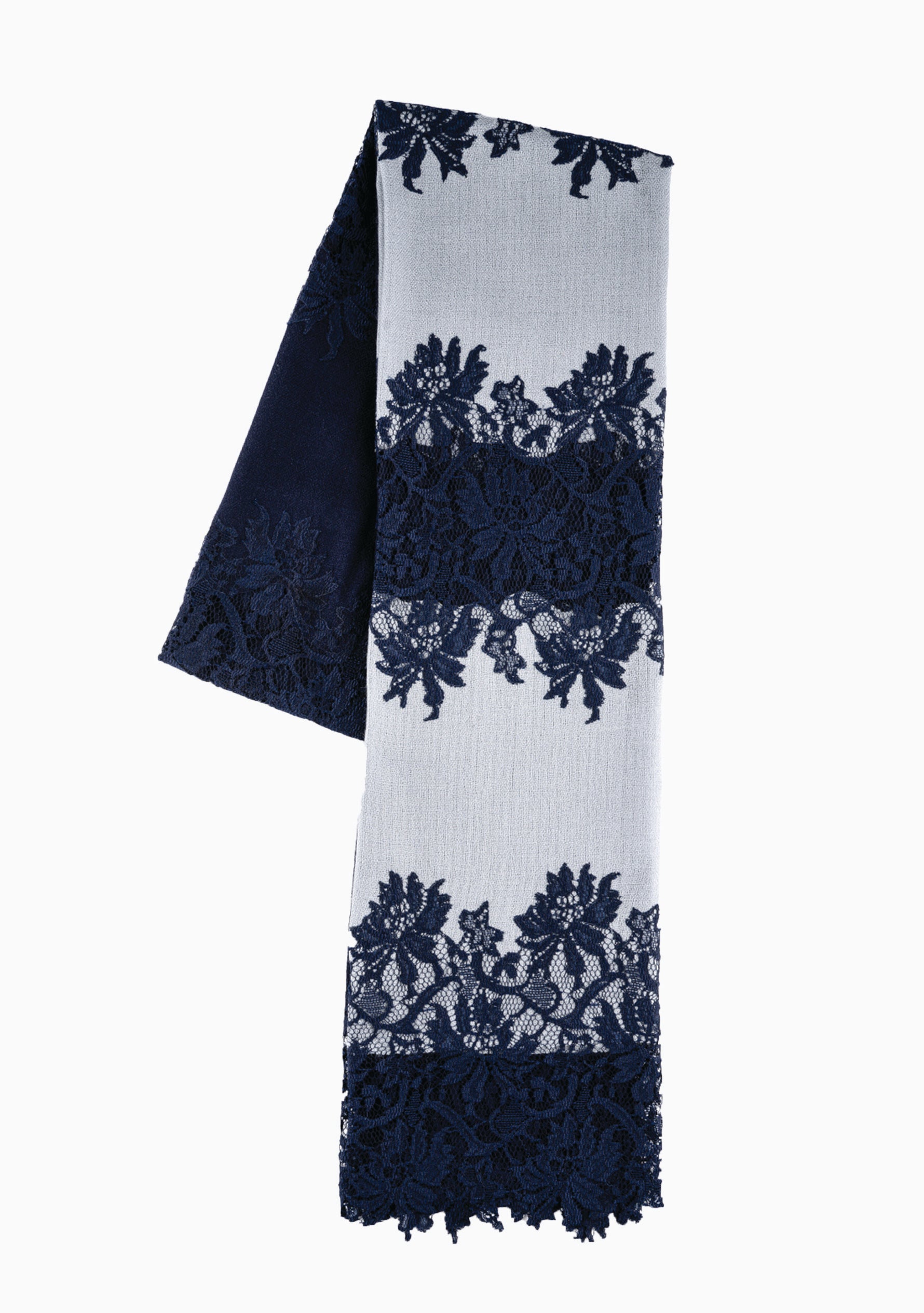 Lt. Grey and Navy Blue Silk and Wool Scarf with Navy Blue Hibiscus Lace Panels